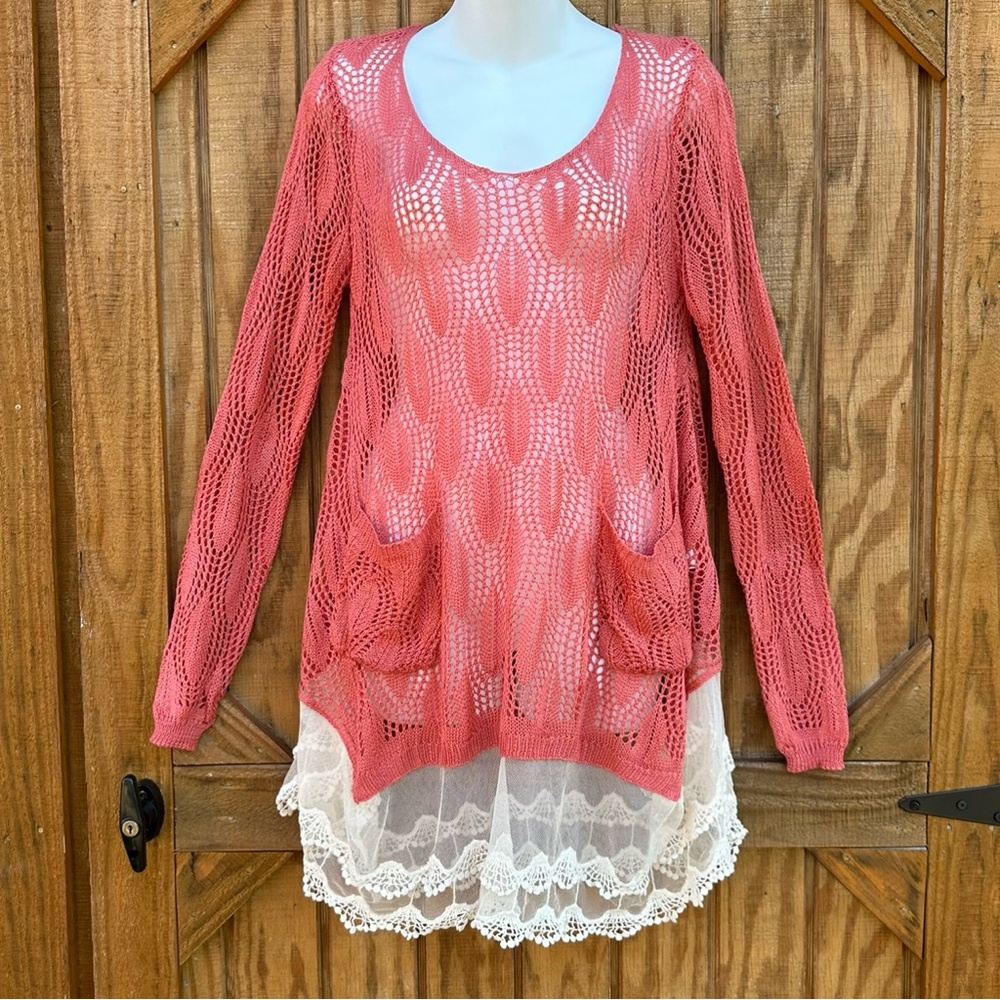 SOLD - Ryu Anthropologie Pullover Crochet Lace Tunic Sweater Coral SZ M / L NWT